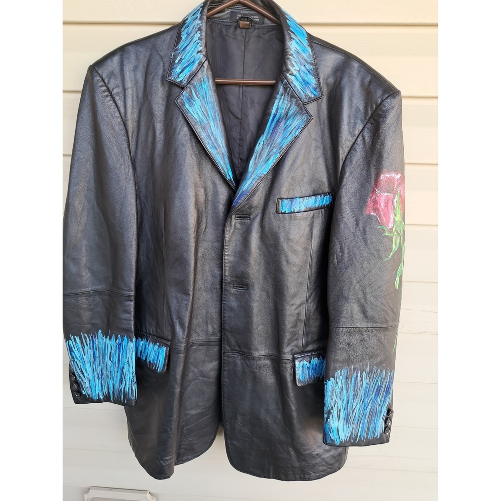 J. Ferrar Men's Black Leather Button-Up Custom Upcycled Hand-Painted Blazer L